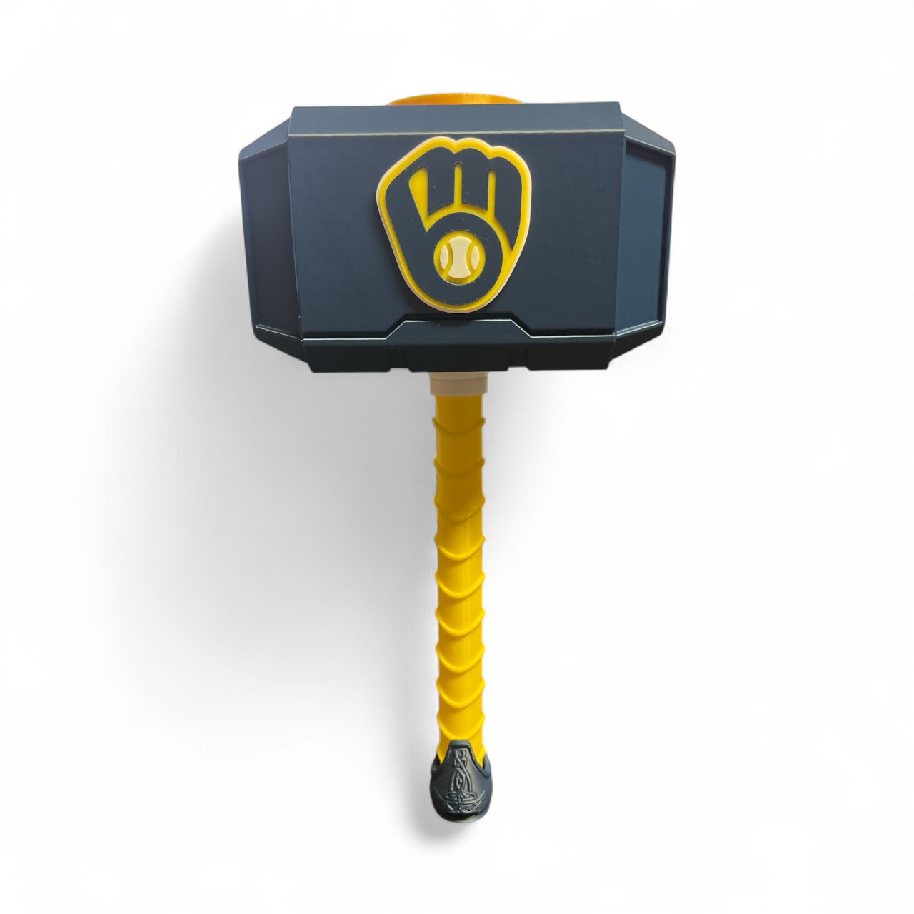 Navy and gold Milwaukee Brewers Thor hammer decorative display on a white background